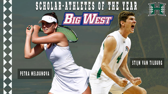 Tilburg and Melounova with words "Scholar-Athletes of the Year Big West"