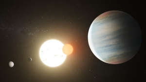 Artist rendition of the Kepler-47 circumbinary planet system with its three planets