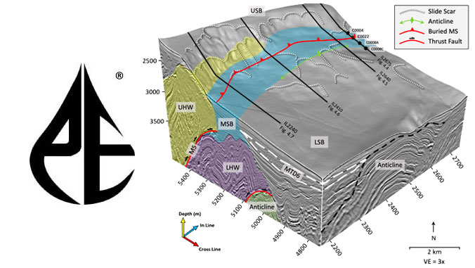 Graphic of three-dimensional seismic data from Nankai Trough and Petroleum Experts logo