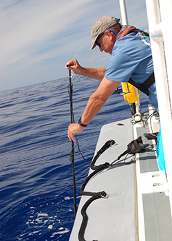 Adam Pack lowering a hydrophone into the ocean