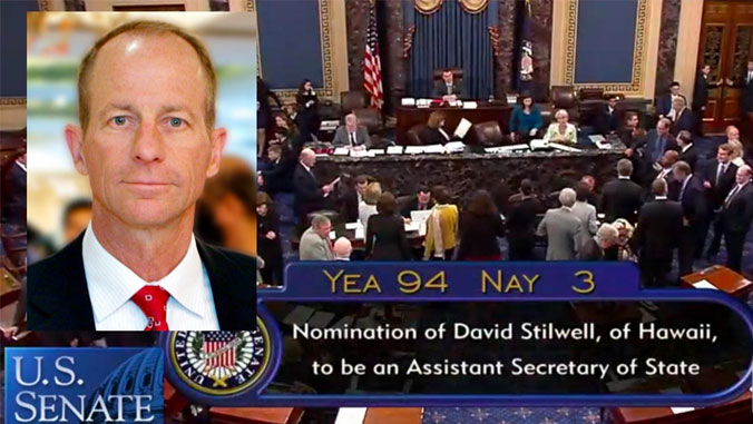 Headshot of David Stilwell superimposed on photo of U.S. Senate, with 94-3 vote to confirm superimposed