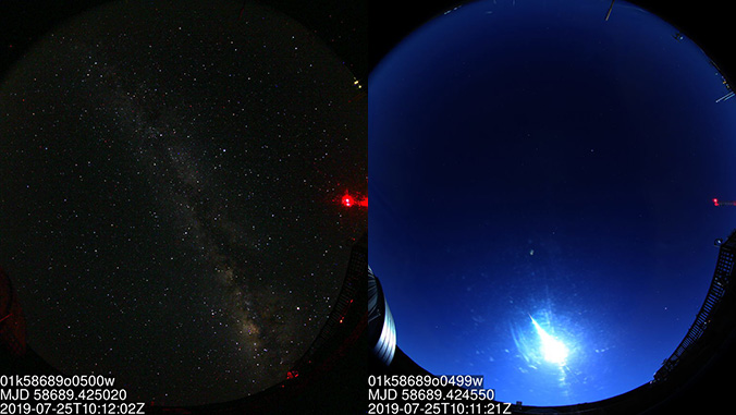 Night sky with meteor in right image