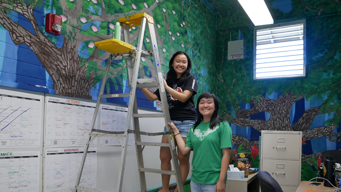 Jaci and Jayni Ishikawa in front of mural