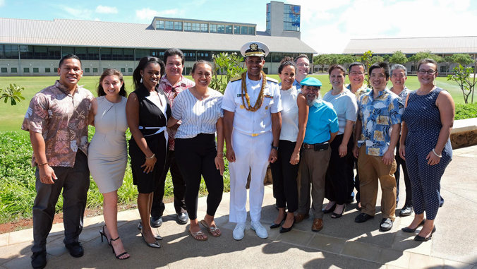 Adams with U H West Oahu students and staff