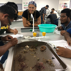 students and teacher looking at algae samples