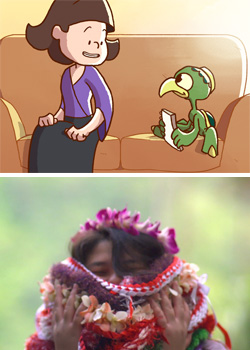 top image drawing of girl and creature bottom image girl covered in leis