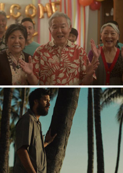 top image a family party bottom image man on the beach