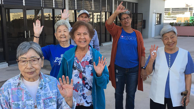 people waving