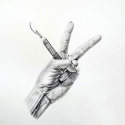 hand with peace sign holding scalpel