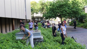 Smiling people clearing weeds