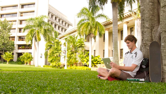 student sitting under tree studying