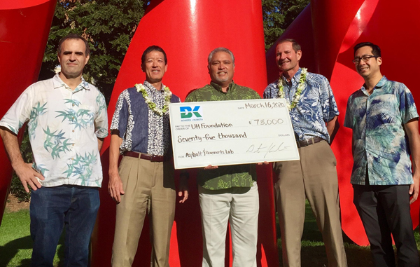 five people holding big check