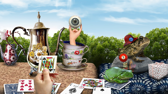 tea party with cards and frogs