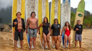 Surfers with boards