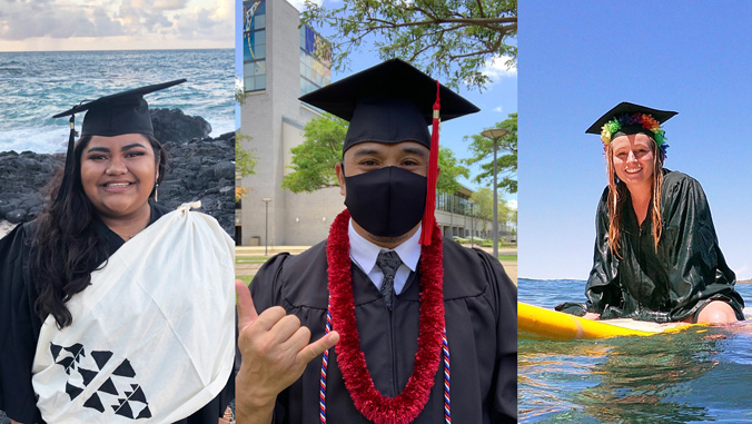 Three U H grads in cap and gown