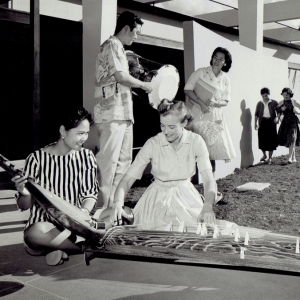 Barbara Smith with students and koto instrument