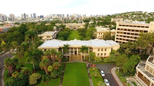 Aerial view of Hawaii Hall and the quad