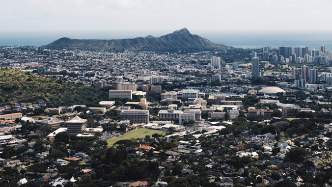 U H Manoa campus with Diamond Head in the background