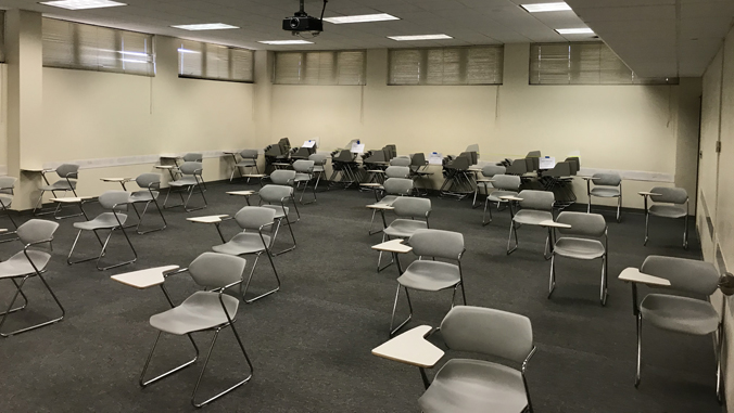 classroom reconfigured to accommodate social distancing