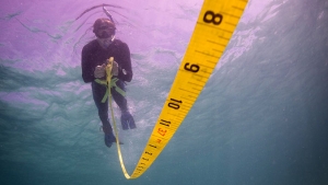 diver with a measuring tape