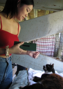 student scanning a cat's microchip