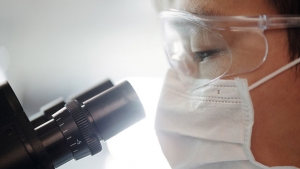 researcher looking into microscope