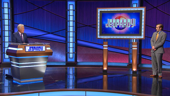 Jeff Rich on Jeopardy set with Alex Trebek