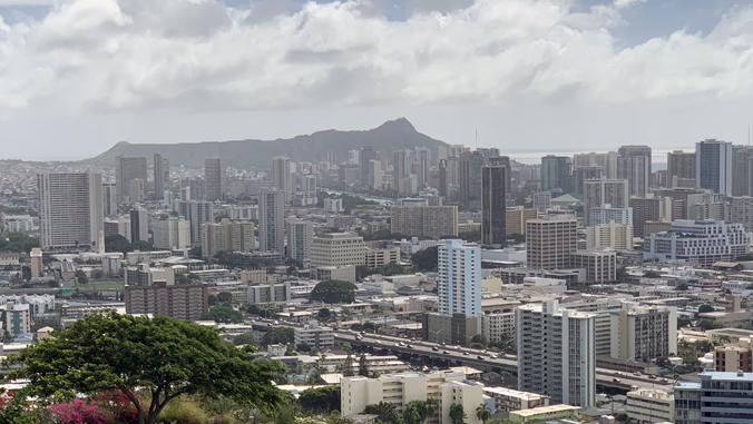 buildings and Honolulu skyline with Diamond Head in background
