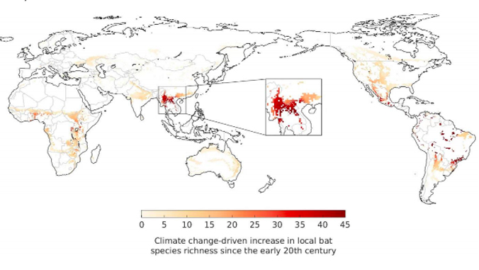 Mapa que muestra la dispersión de murciélagos relacionada con el cambio climático