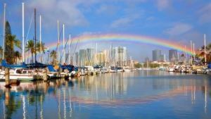 rainbow over harbor