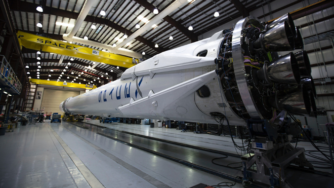 large rocket in a hangar