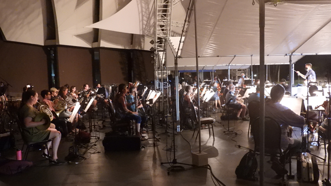 dozens of musicians in action on a stage