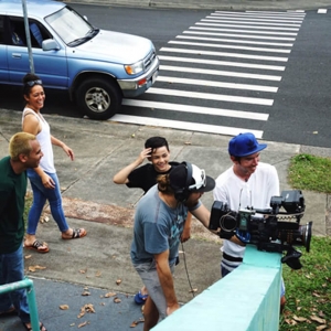 five people at a film shoot