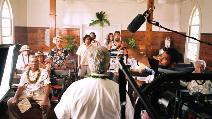 actors, crew in a church