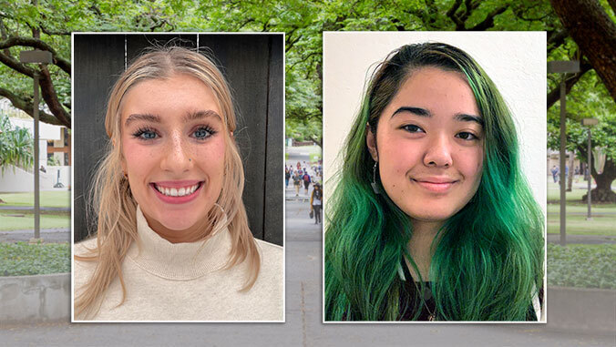 two headshots over a background of a walkway