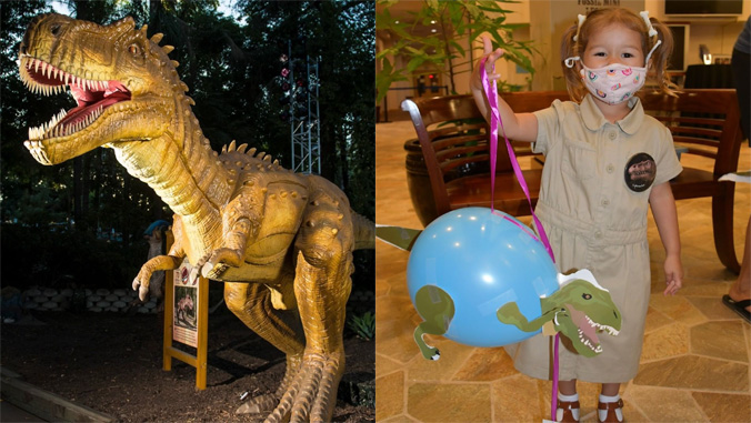 Dinosaur and girl with dino balloon