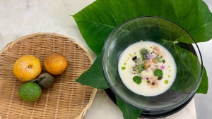 vichyssoise on taro leaves
