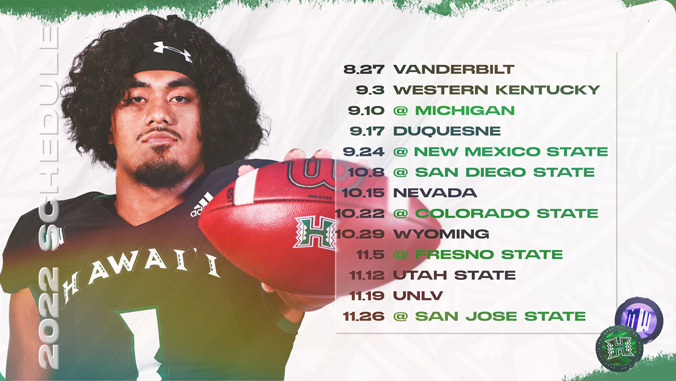 Hawaii football player holding a football with the schedule on the right