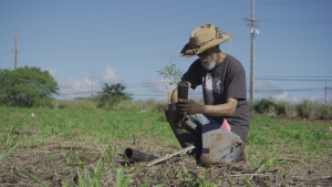 person kneeling in the field