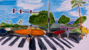 a painting of a surfer in a crosswalk