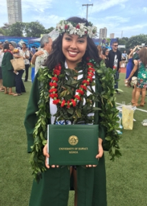 person with leis and diploma