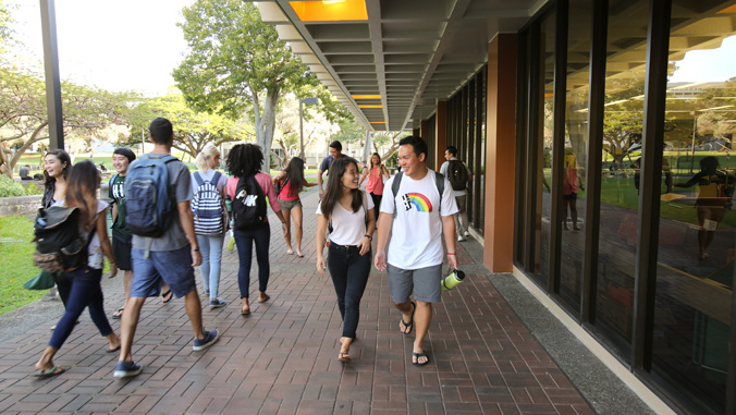 Students walking by Hamilton Library