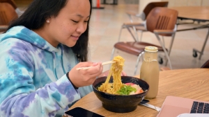 Person eating ramen with chopsticks