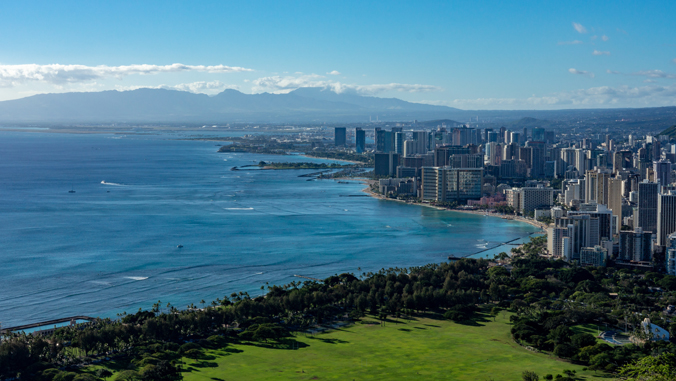 skyline with ocean and buildings