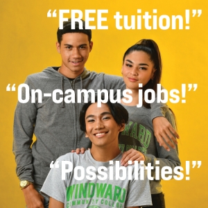 Three students with the words free tuition, on-campus jobs and possibilities