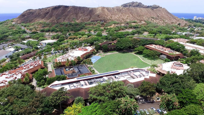 Aerial shot of Kapiolani C C with Diamond Head in the background