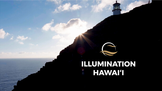 Cliff with a lighthouse and the words Illumination Hawaii