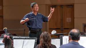 person with a baton standing in front of musicians