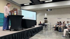 person on a podium speaking to a group of people