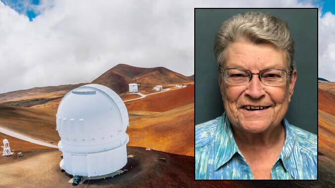Ann Boesgaard with Maunakea telescopes in the background